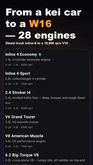 Engine Sim turbo engine detail screen with specs